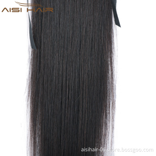 Aisi Hair 16 Inch Brazilian  Human Hair Ponytail Human Hair Ribbon Straight Ponytail Extensions for Black Women